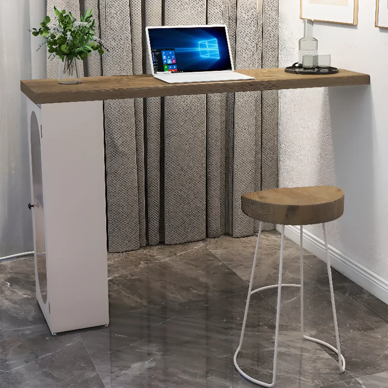 Modern Natural Wood Bar Table Metal Base with Side Cabinet