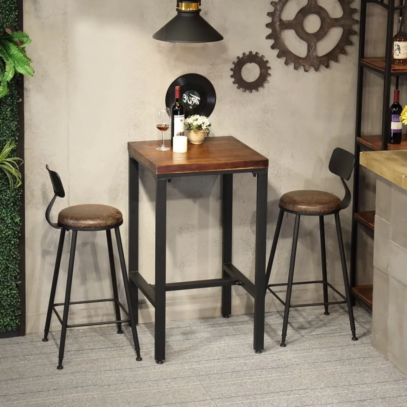 Industrial Brown Wooden Square Trestle Bar Tables