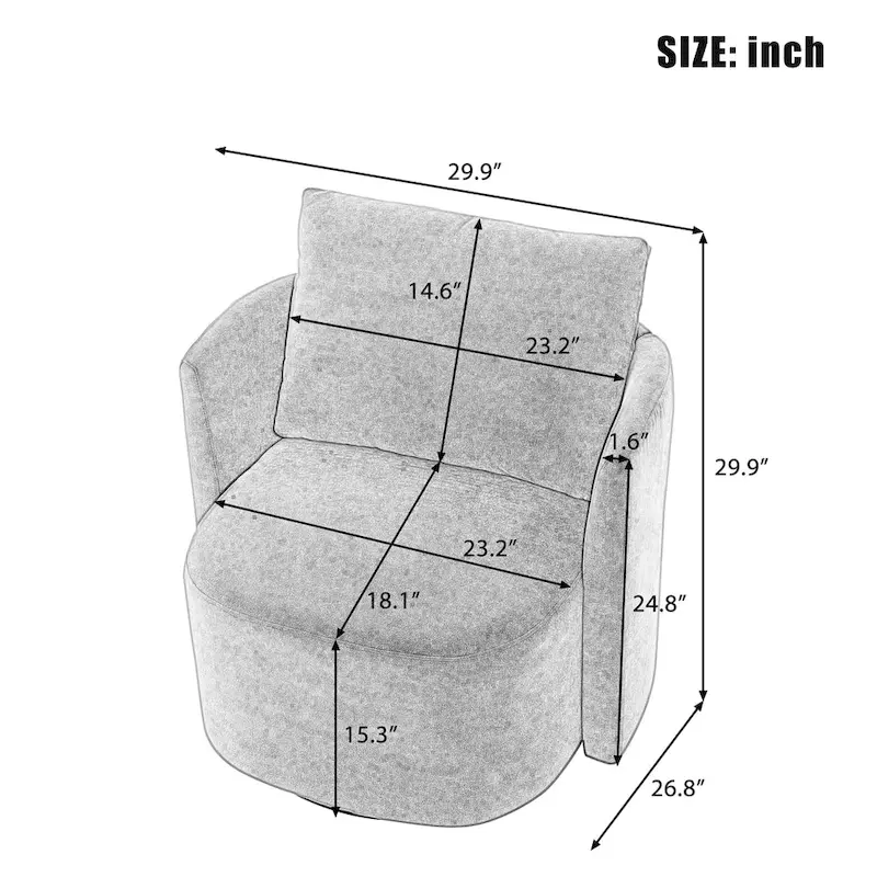 360 Swivel Chair, 29.9 Accent Barrel Armchair, Upholstered Swivel Sofa Chair with Curved Design
