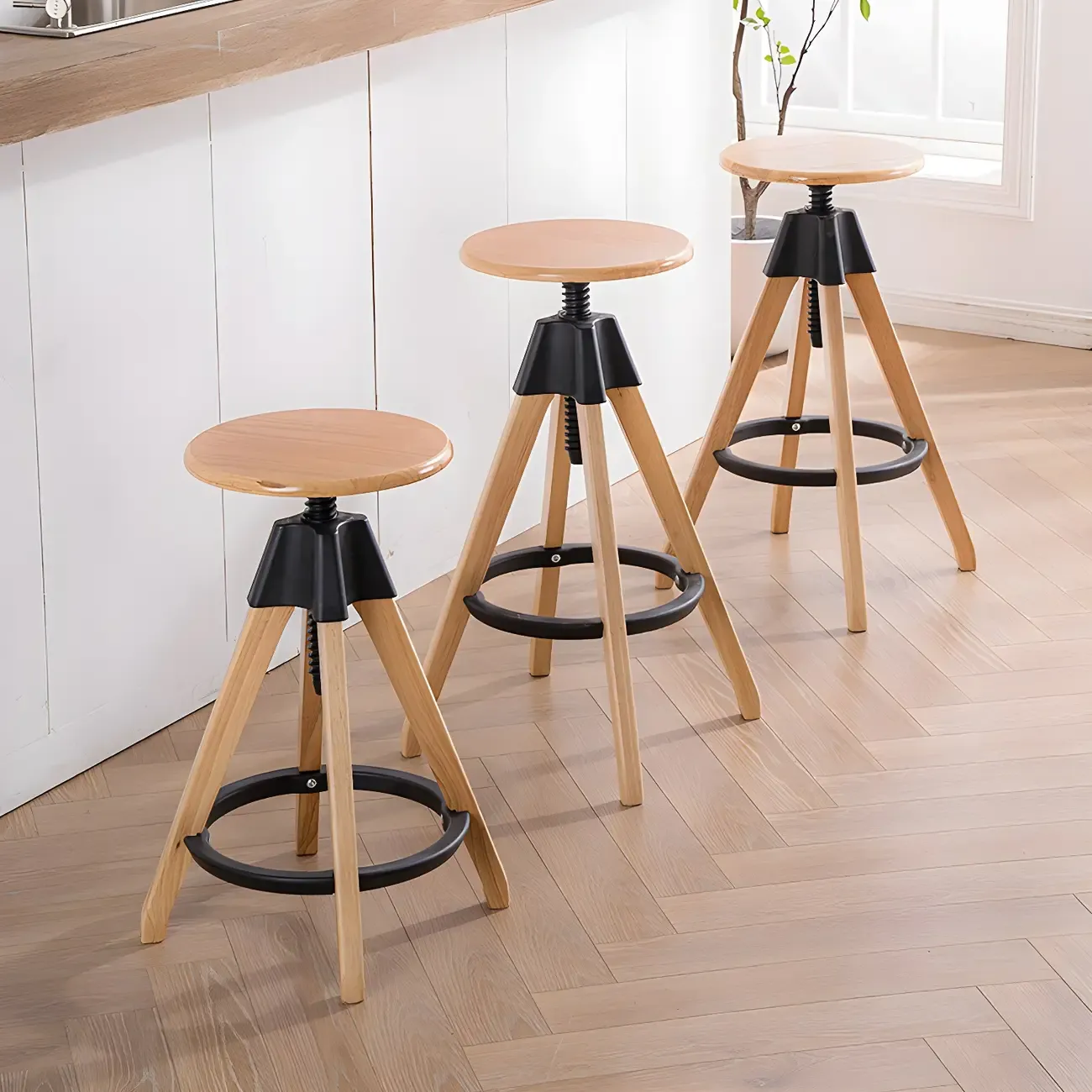 Adjustable Brown Wooden Swivel Backless Bar Stools