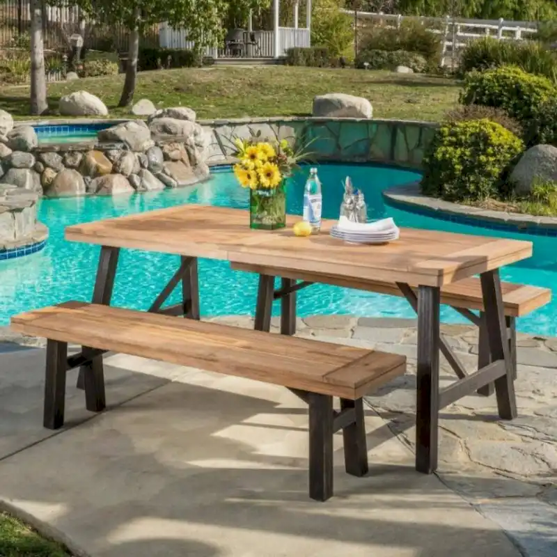 Outdoor 3 Piece Acacia Wood Rectangular Dining Table Set with 2 Benches Slatted Tabletop Patio Garden Picnic Table