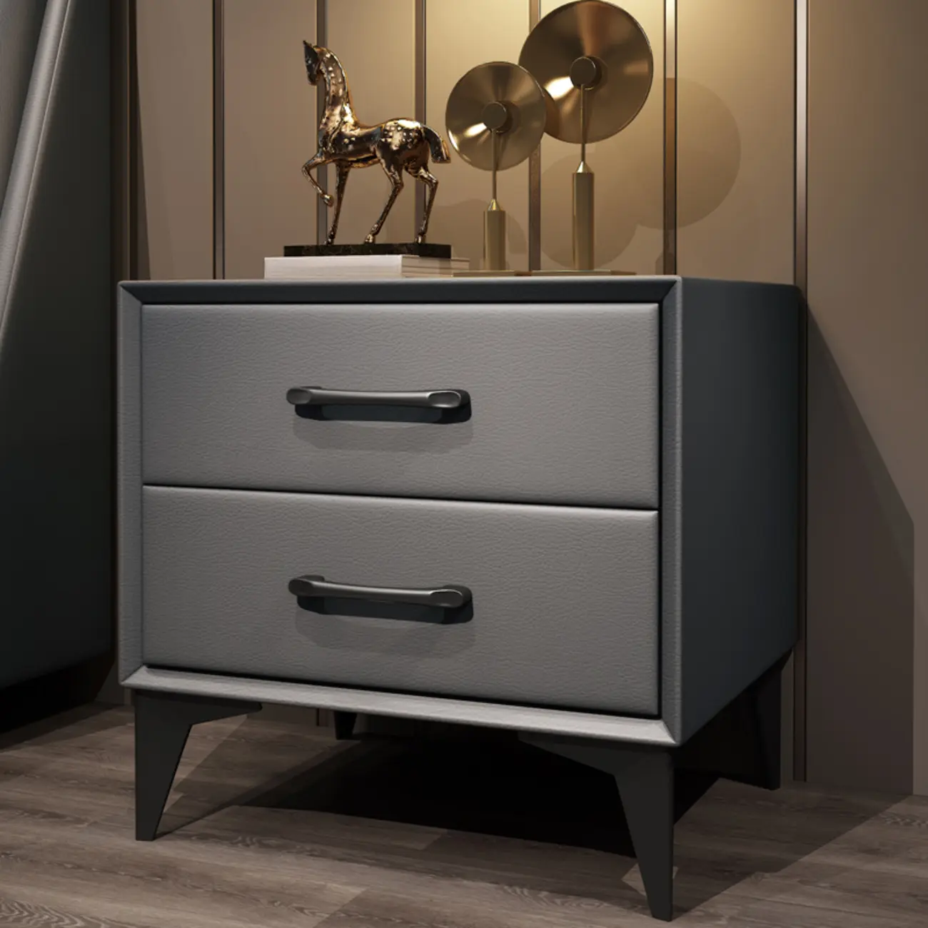 Trendy Leather Wooden 2-Drawer Nightstand with Metal Legs