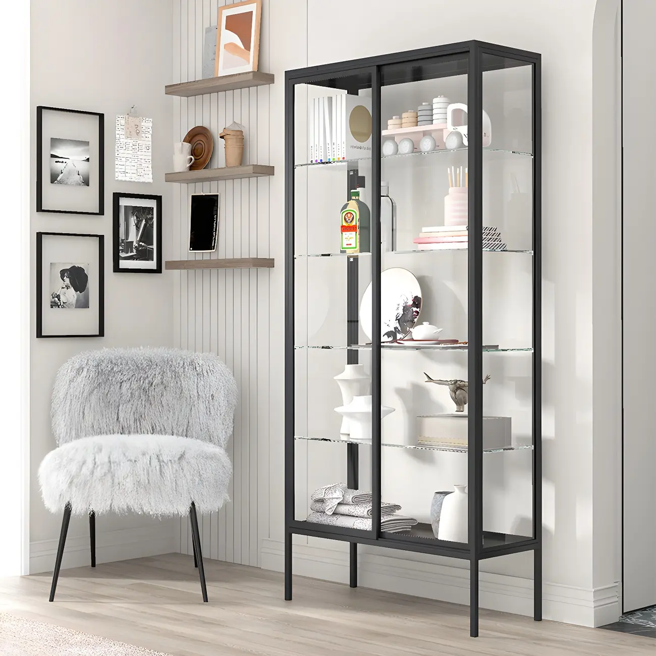 Black Metal Frame Glass Shelves Curio Cabinet