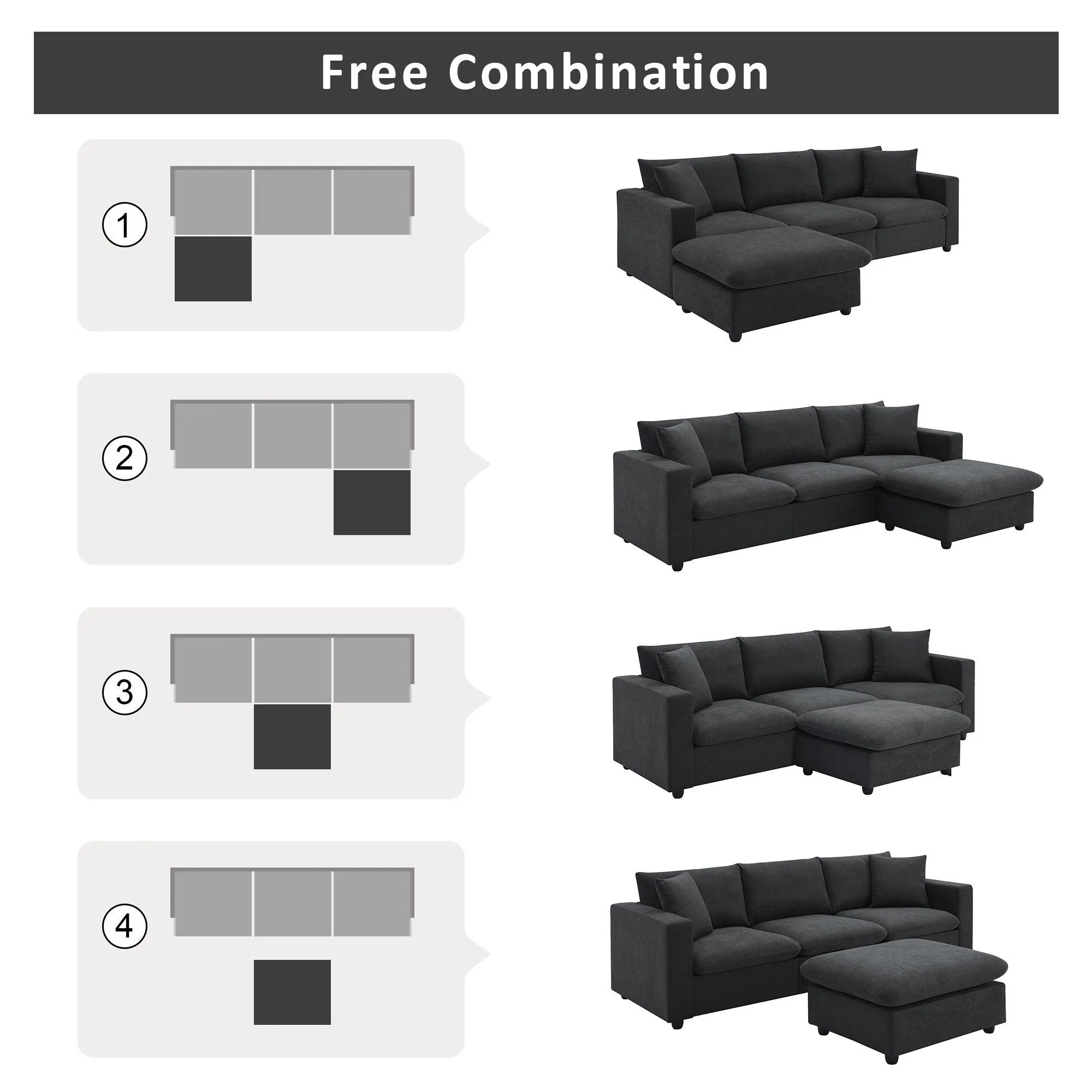 Walker Edison | Chenille Black Modern L-shape Sectional Sofa Ottoman