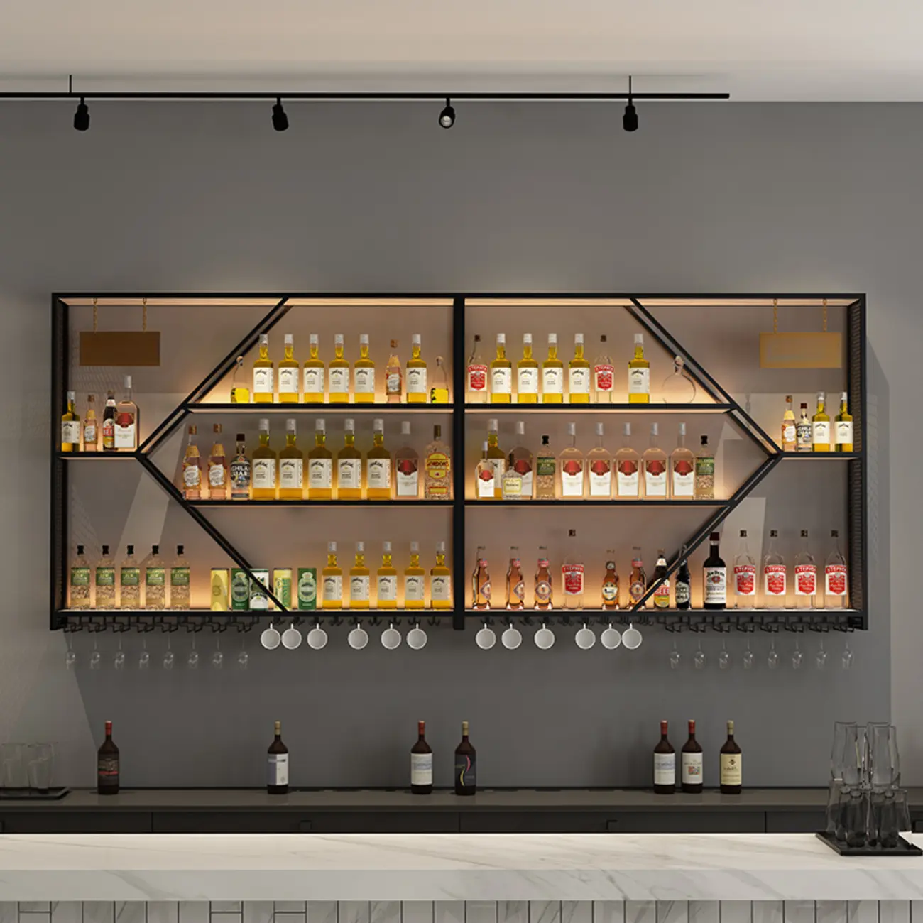 Iron Wine Bottle and Open Wine Glass Holder with Lighting