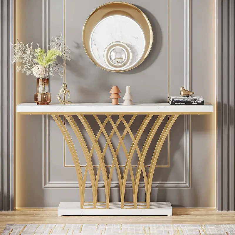 59 Inches Console Table,Gold and White Faux Marble Entryway Table