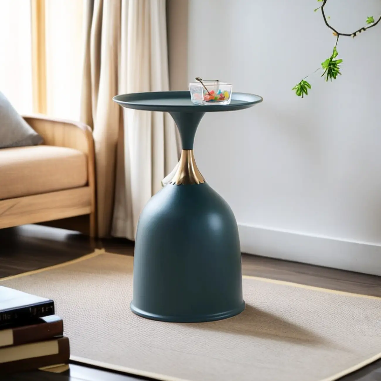 Walnut Steel Round End Table with Abstract Base