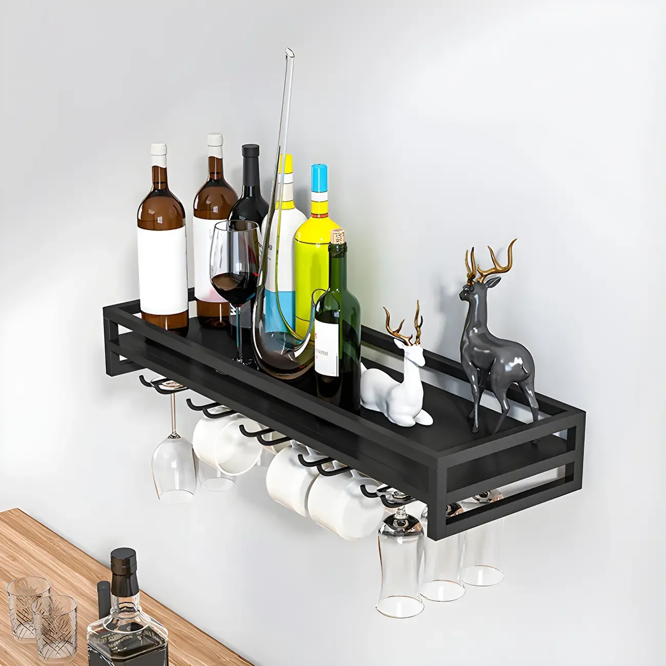 Floating Mount Metal Wine Glasses and Bottle Rack with Hook