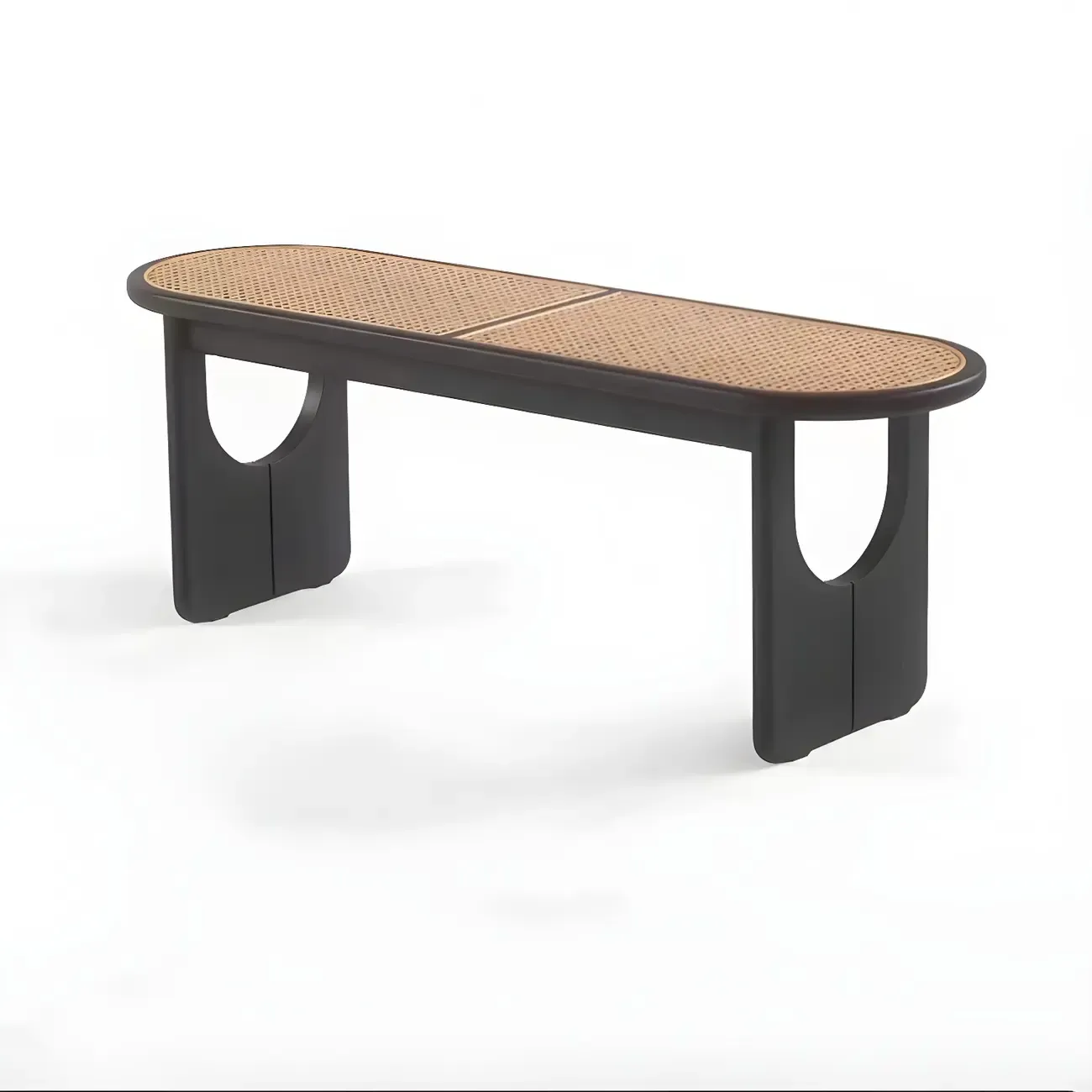 Rectangular Black Rattan Top Rubberwood Bench