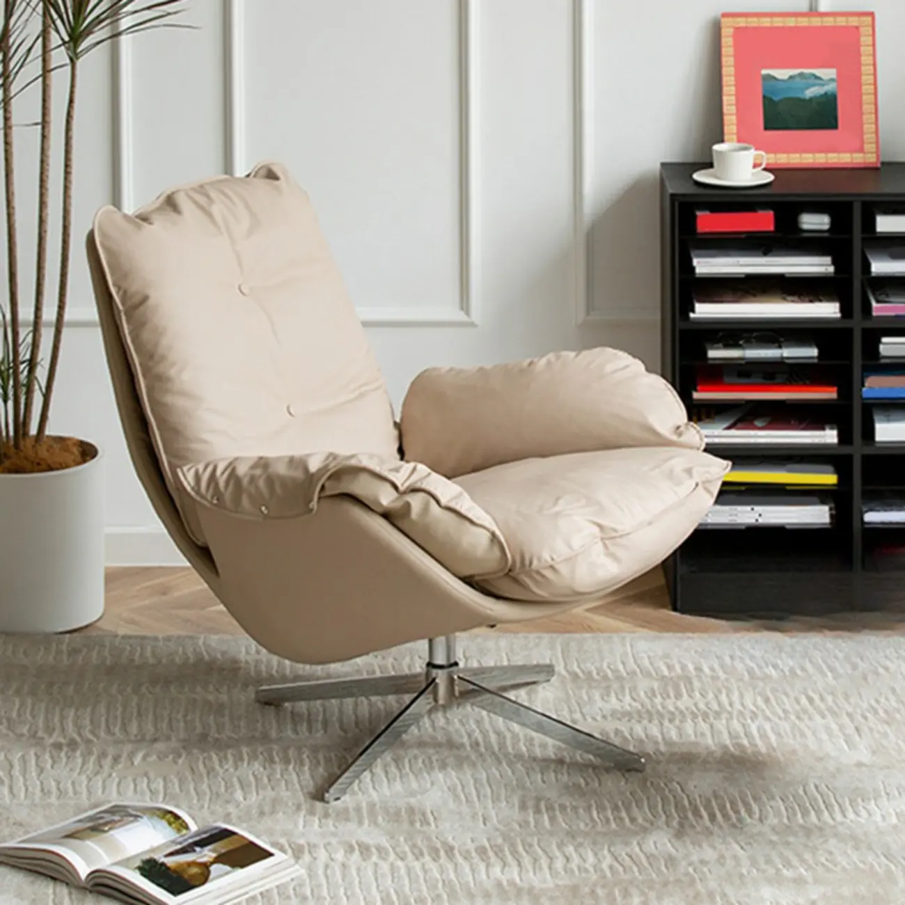Modern Beige Leather Accent Armchair with Swivel