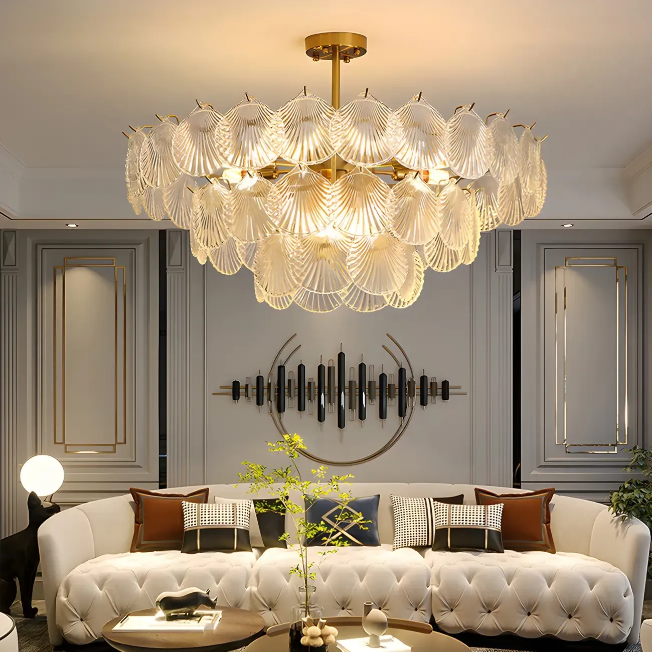 Adjustable Elegant Gold Unique Layered Scallop Glass Chandelier