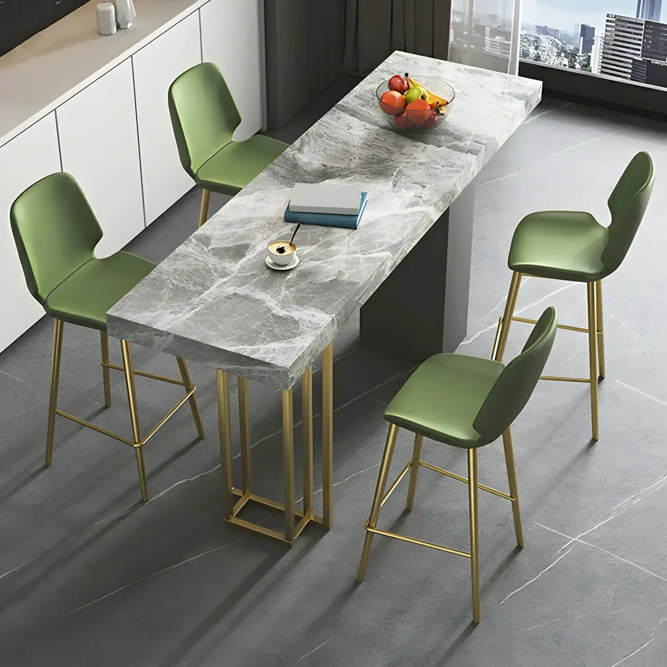 Modern Black Stone Counter Height Metal Rectangular Bar Table