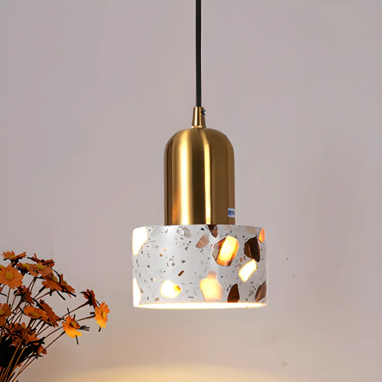 Modern Terrazzo Cylinder Brass Pendant Light