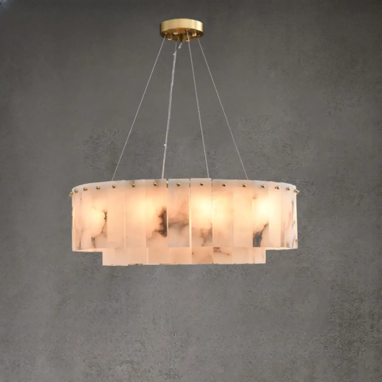 2-Tiers White Metal Circle Alabaster Drum Chandelier