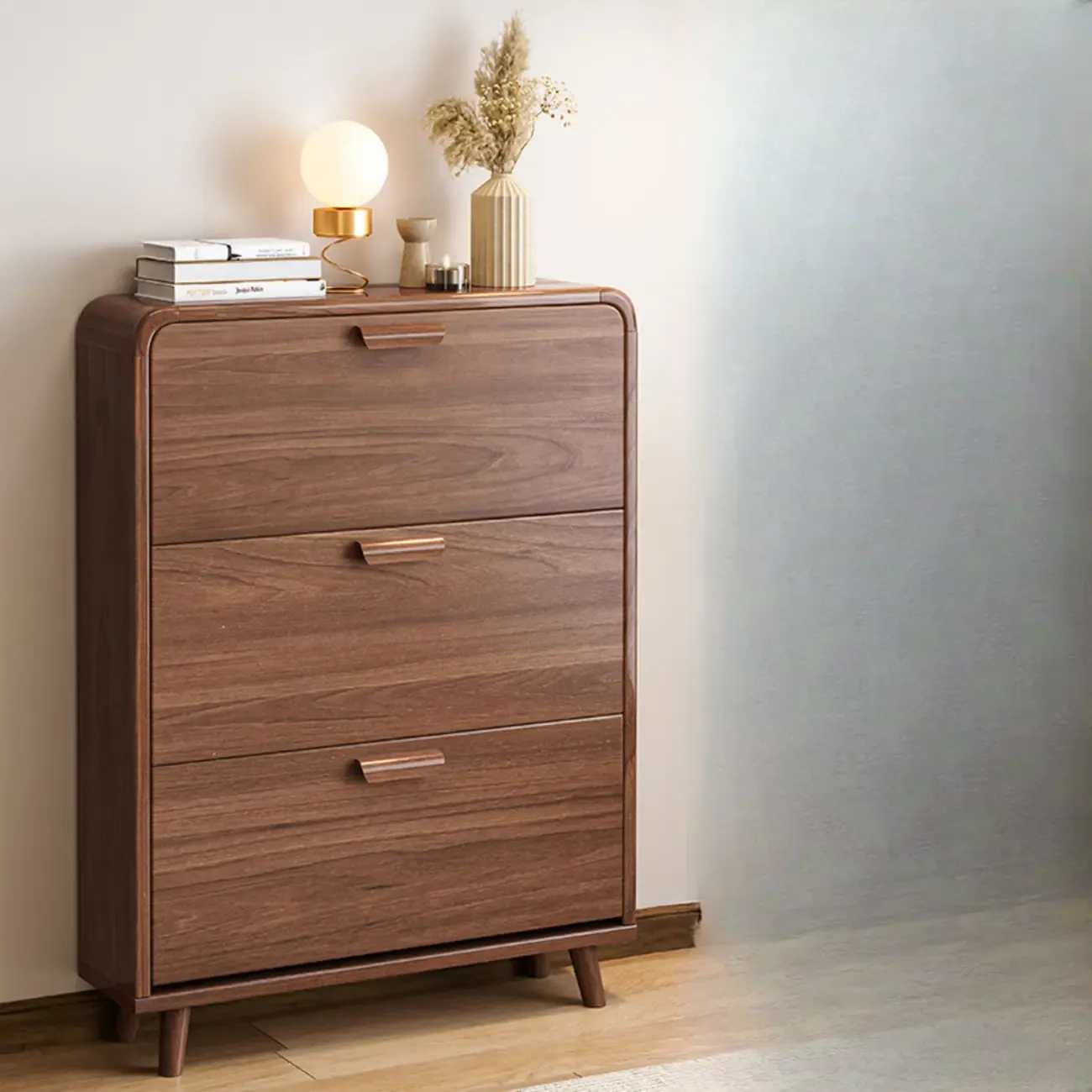 Traditional Hidden Adjustable 3 Tiers Solid Wood Shoe Cabinet