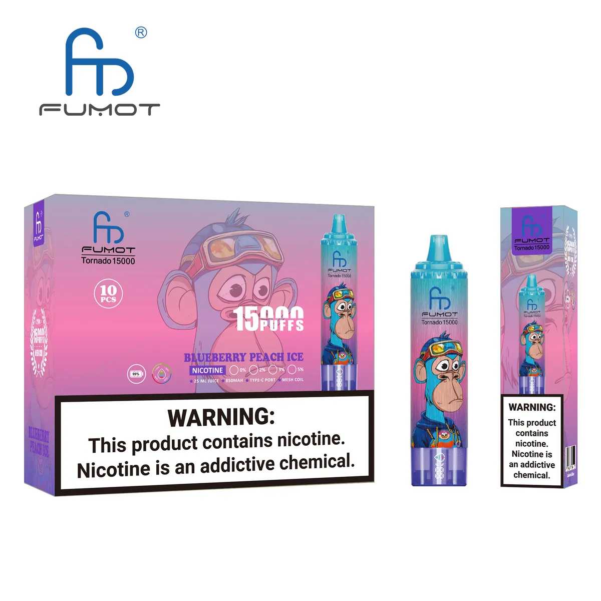 Fumot Tornado 15000 Blueberry Peach Ice – 10er-Displaybox mit Einweg-Vape und Einzelpackung