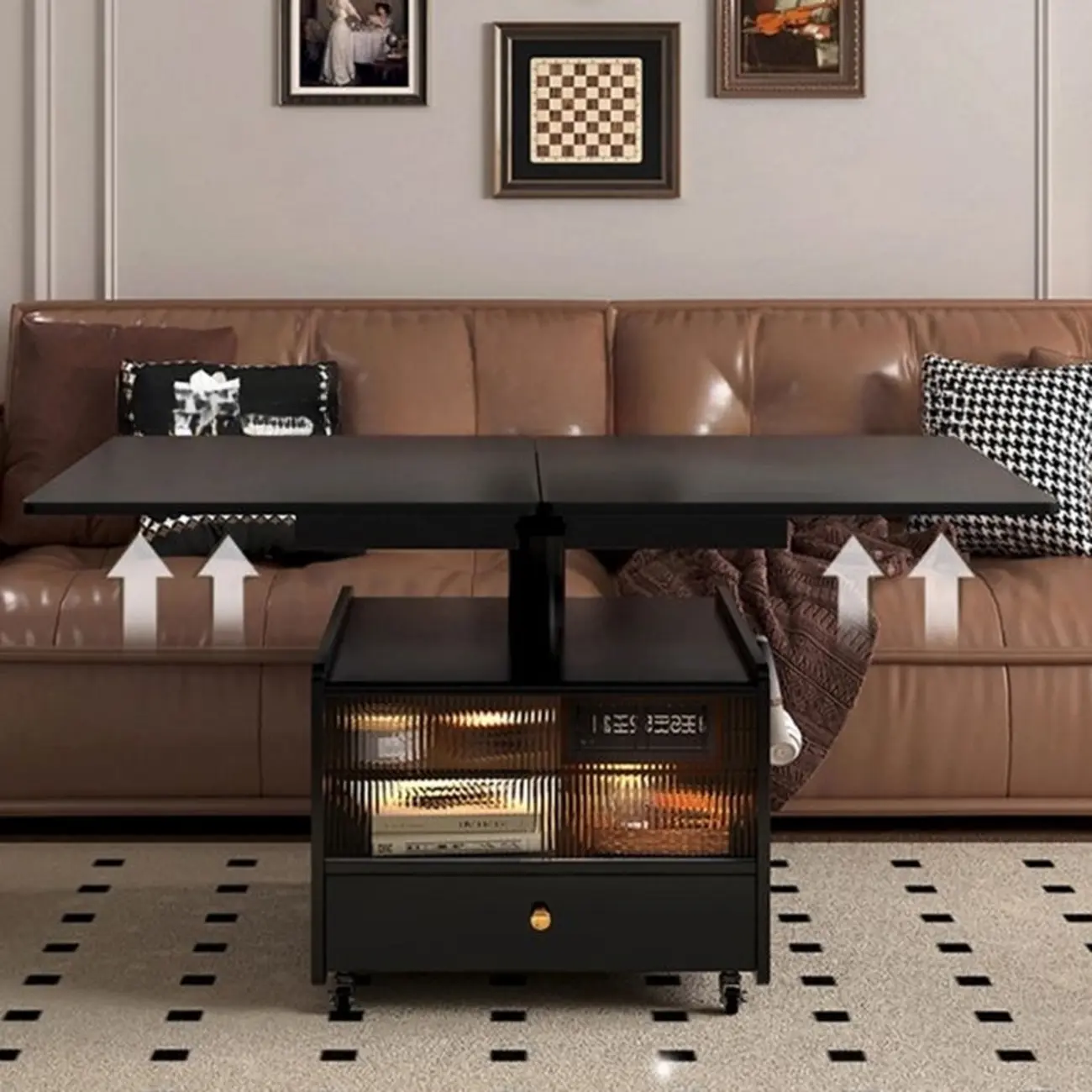 Adjustable Modern Nut-brown Wood Rolling Coffee Table