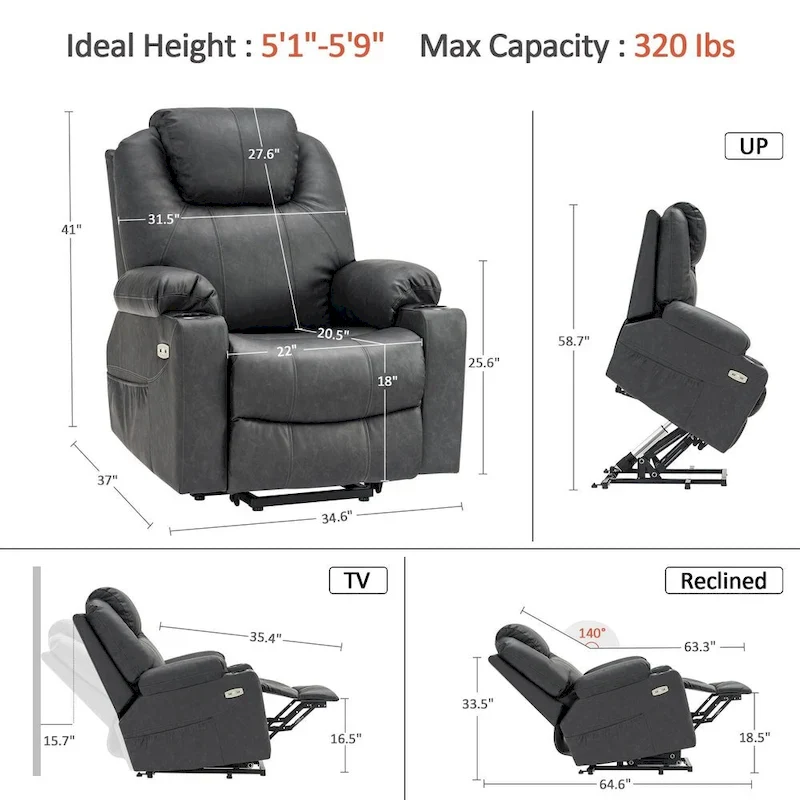 MCombo Large Power Lift Recliner Leather Chair with Massage, Heat, Cup Holders,Extended Footrest, Leather 7516