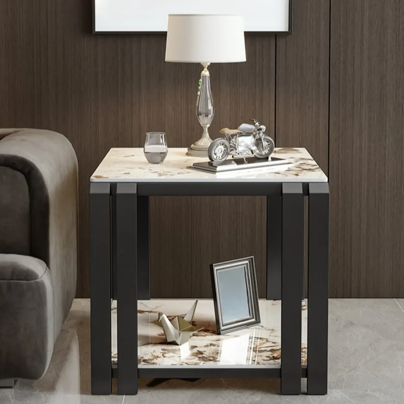 Gold-Black 2-Tier Stone Top Square Metal Frame Side Table