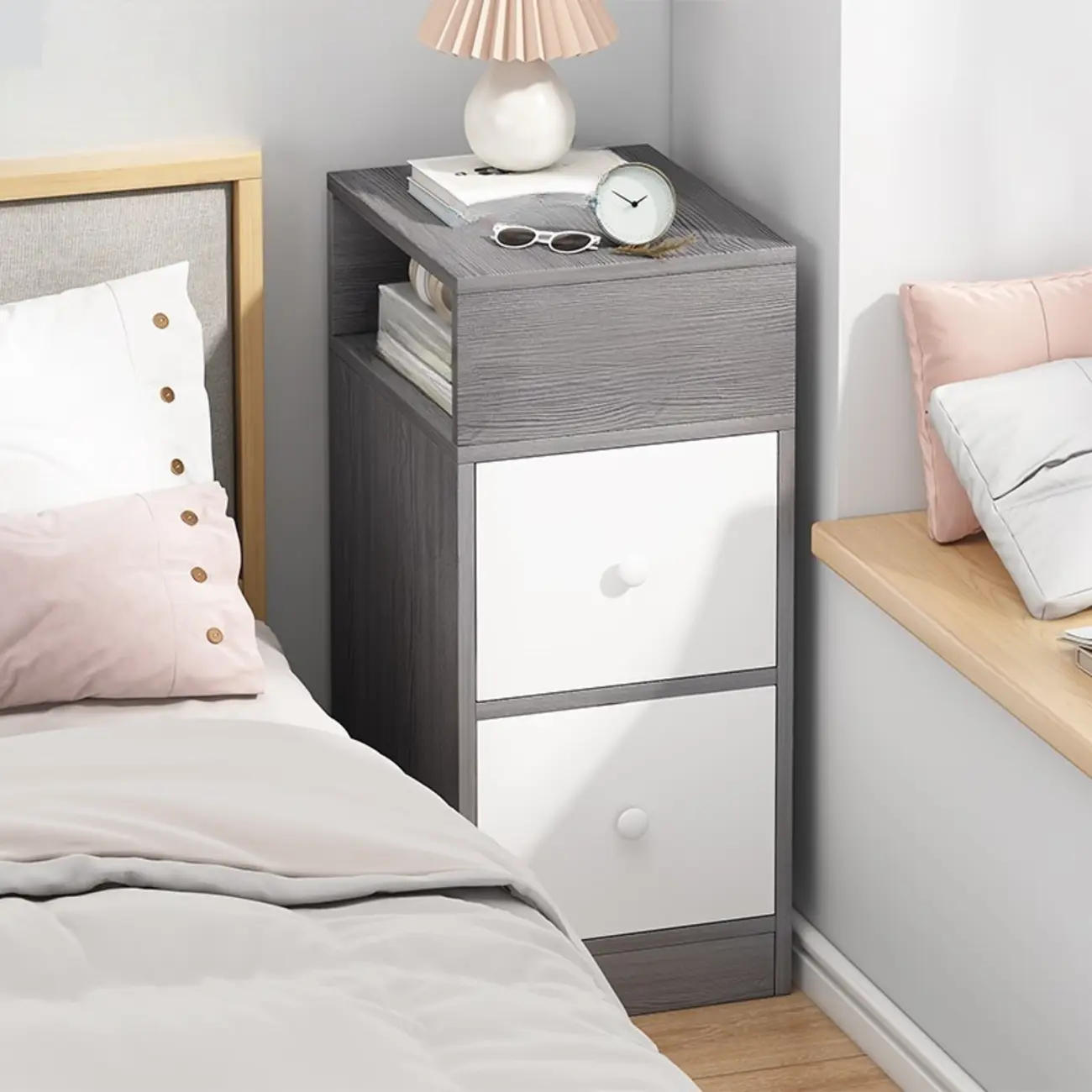 Wood Finish White Narrow Length Multi-Drawers Nightstand