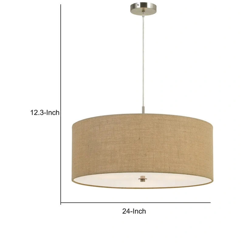 3 Bulb Drum Shaped Fabric Pendant Fixture with Diffuser, Beige