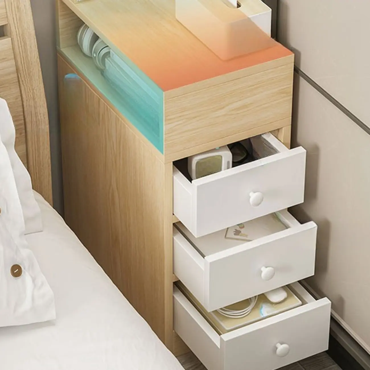 Wood Finish White Narrow Length Multi-Drawers Nightstand