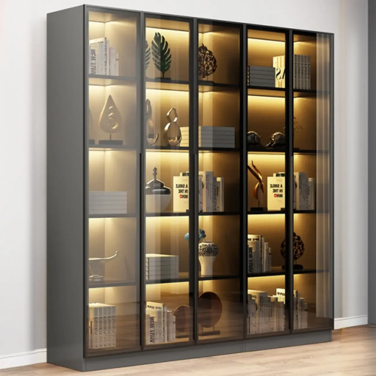 Elegant Glass Bookcase with LED Lighting for Office