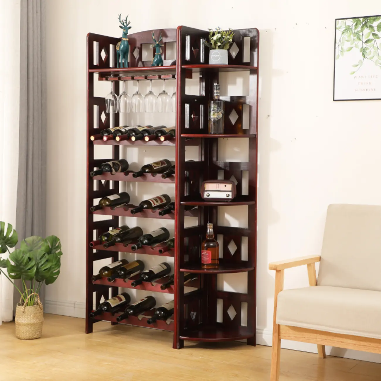 Free Standing Pine Wood Wine Racks with Bar Glass Holder Shelf