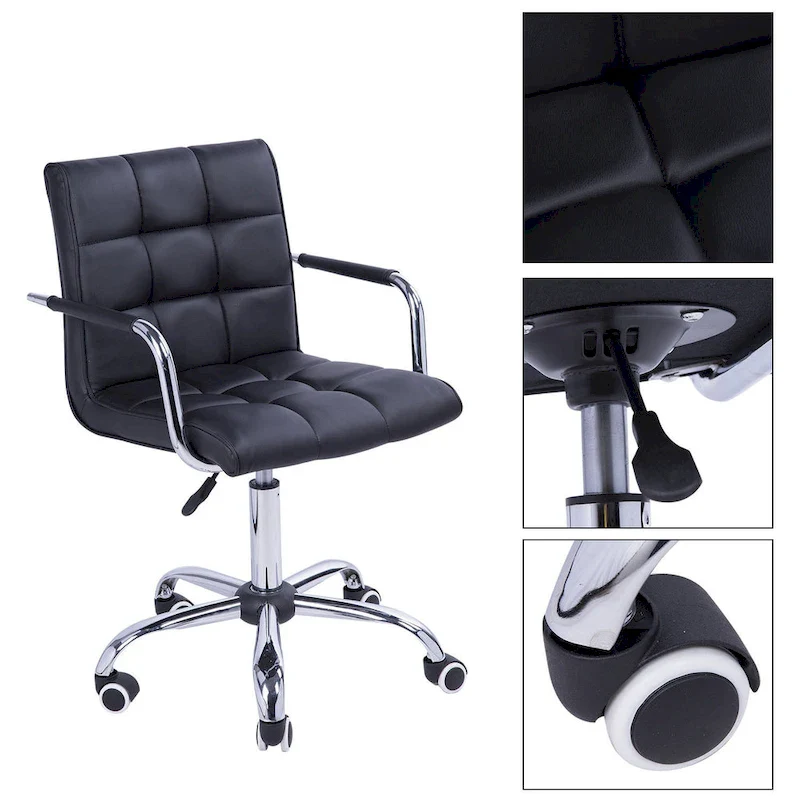 HOMCOM Modern Computer Desk Office Chair with Upholstered PU Leather, Adjustable Heights, Swivel 360 Wheels, Black