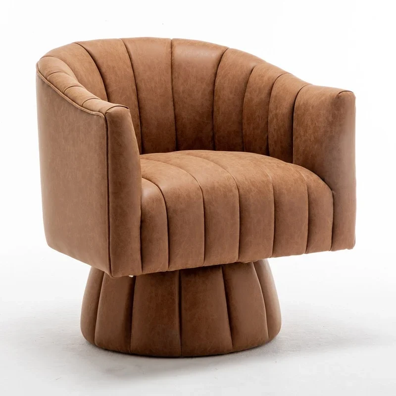 SEYNAR Mid-Century Swivel PU Leather Tufted Round Accent Barrel Chair