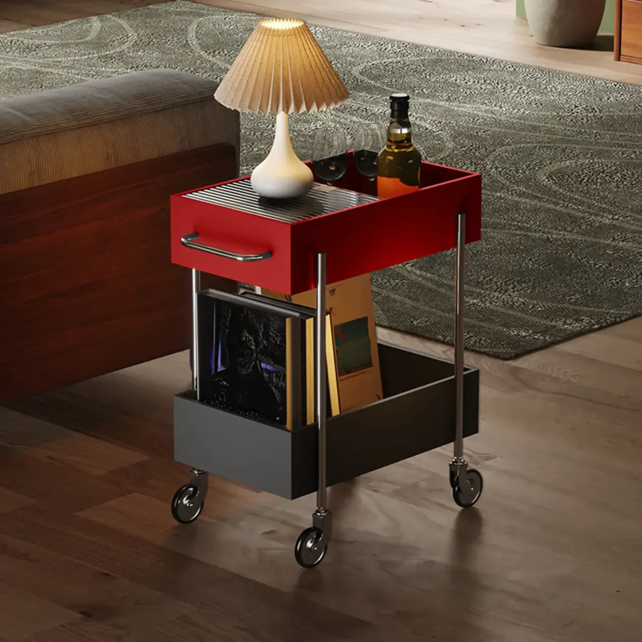 Trendy Black 2-Tier Small Side Table with Casters