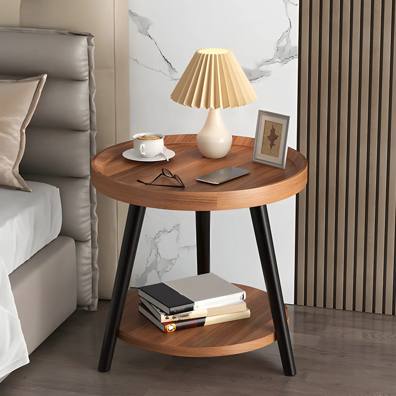 Natural Espresso Wood Small Round End Side Table with Tray Top & Shelf