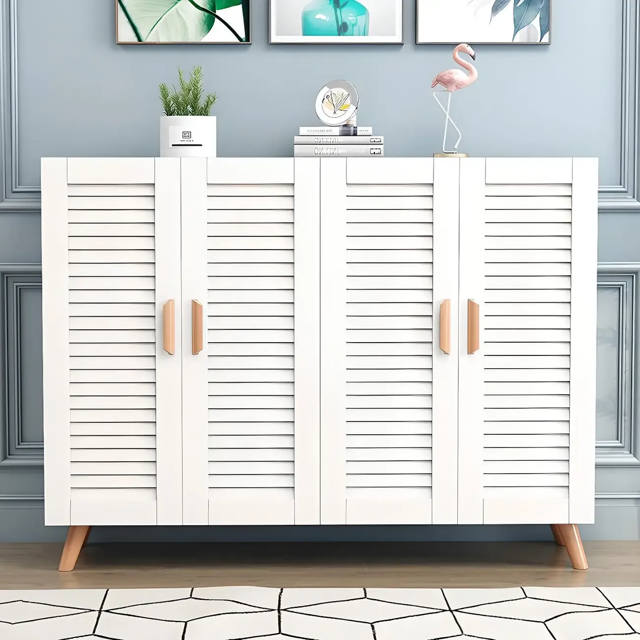 White Louvered Solid Wood Shoe Cabinet for Entryway
