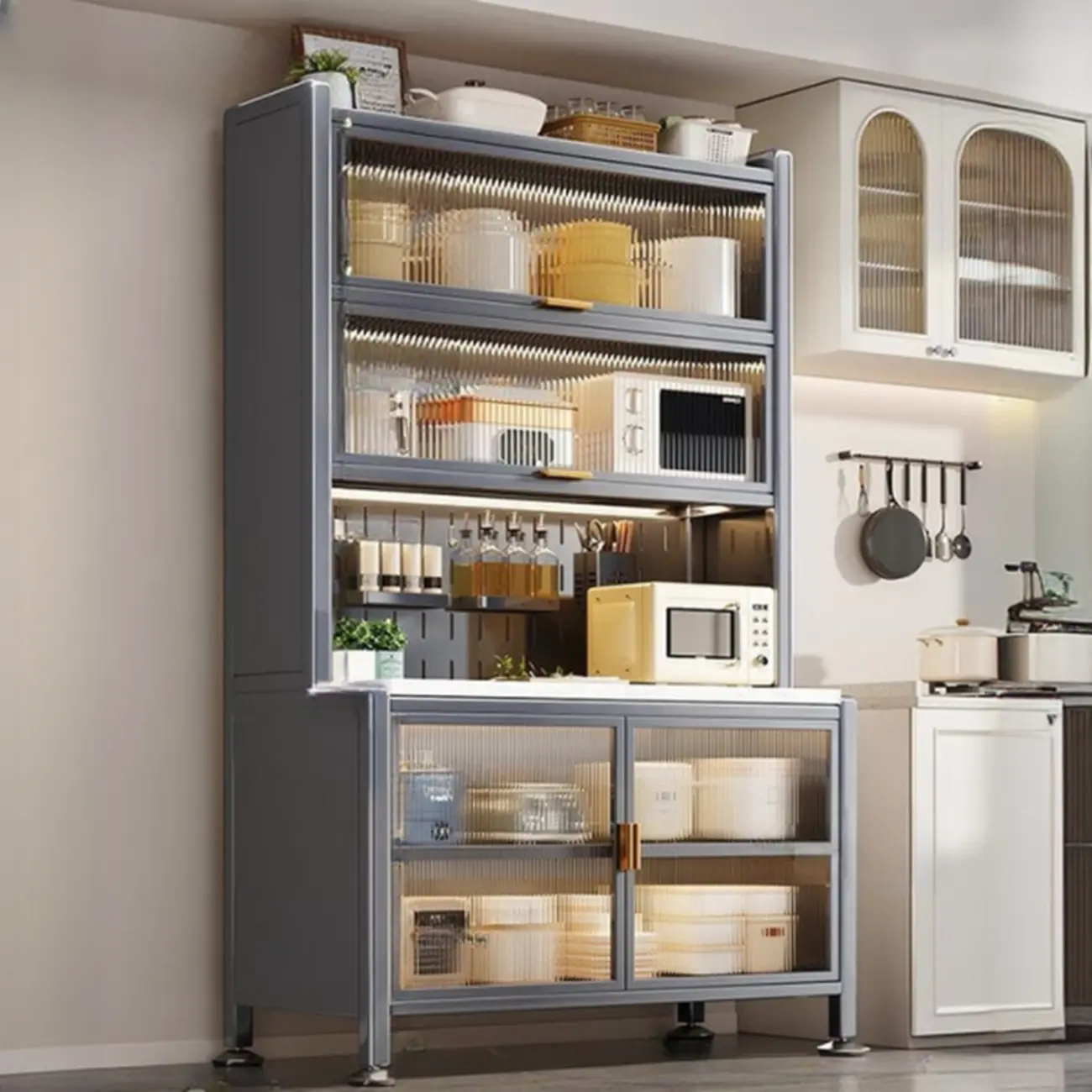 Modern Metal Buffet with Stone Countertop Narrow Design