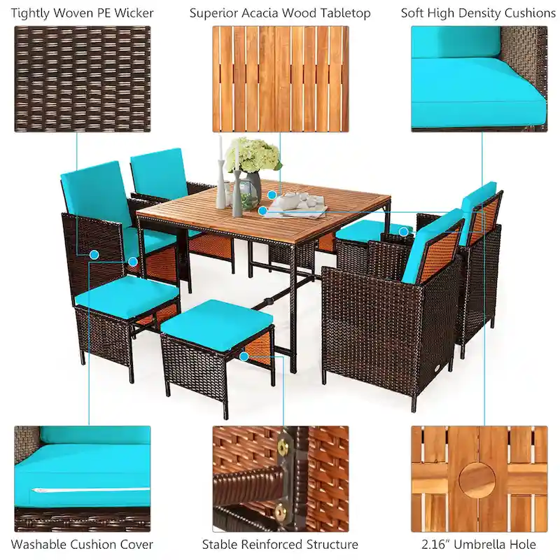 Costway 9PCS Patio Rattan Dining Set Cushioned Chairs Ottoman Wood - See Details