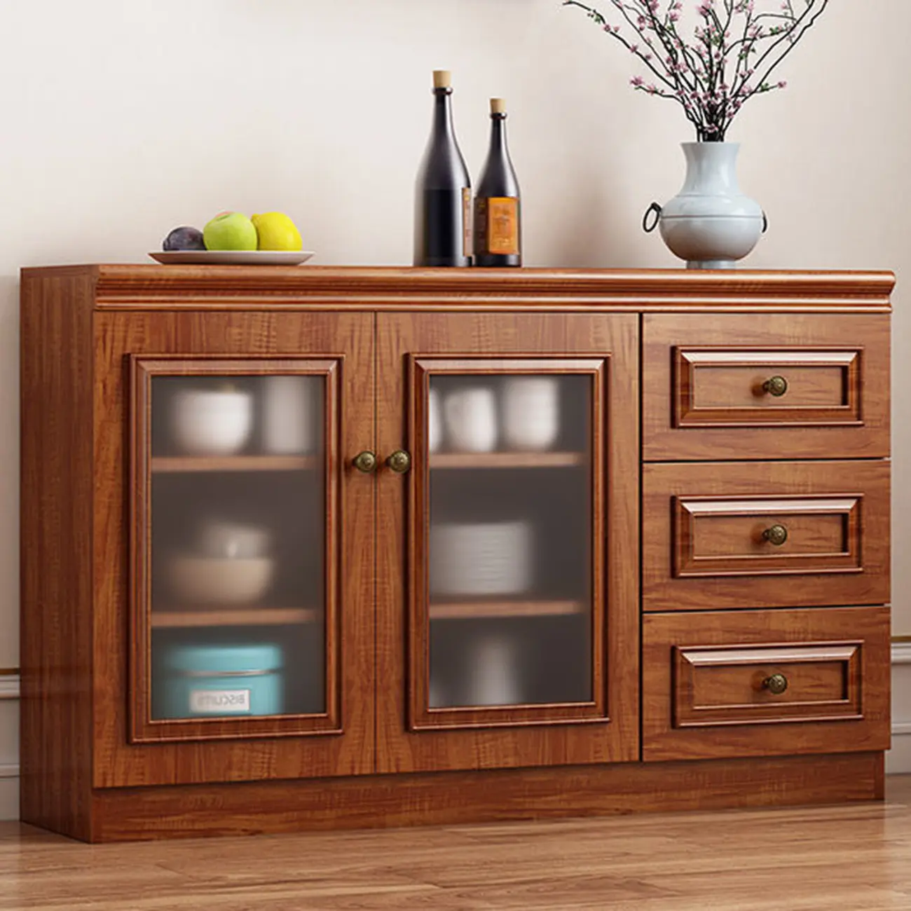 Modern Wood Buffet with Drawers and Glass Doors