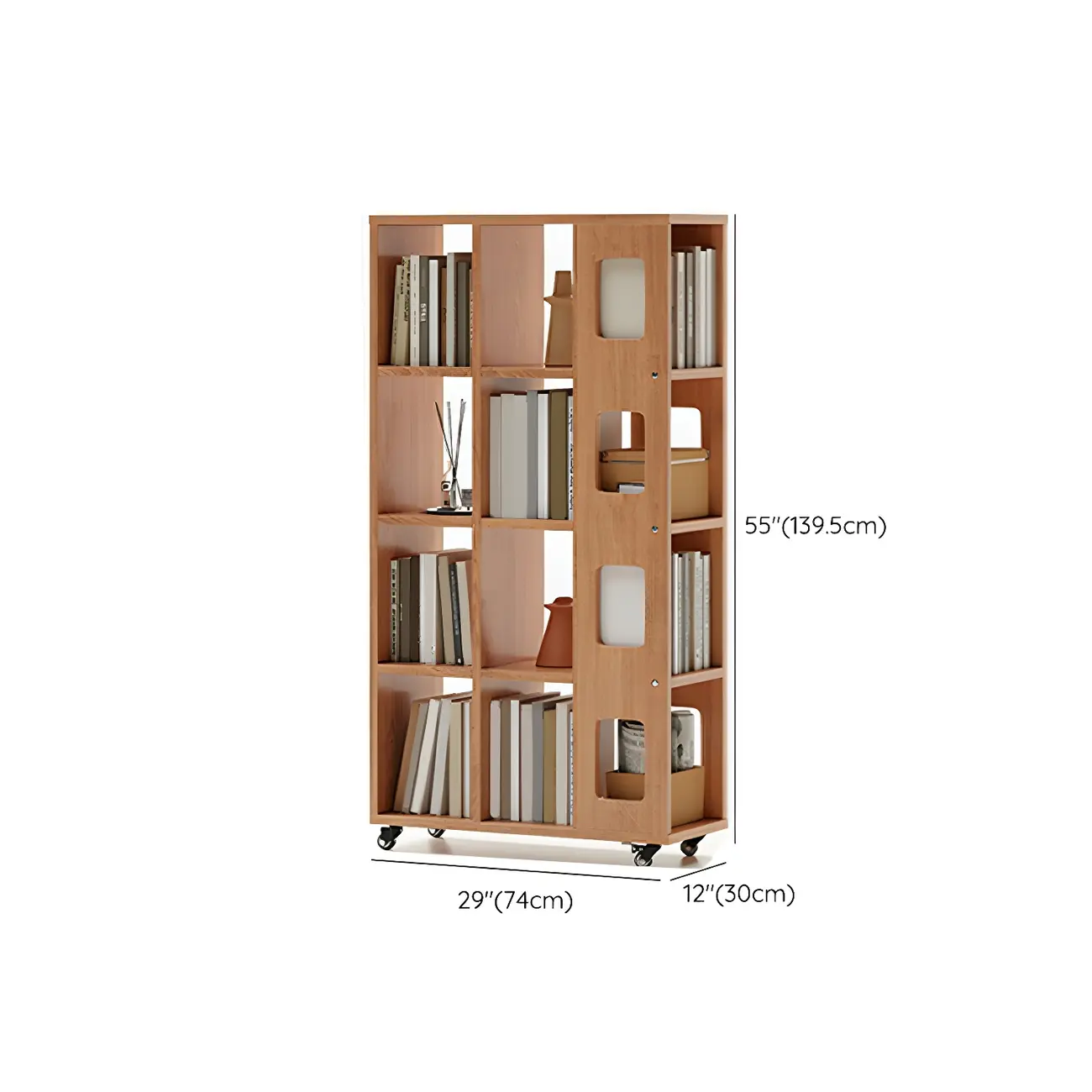 Mid-Century Nut-Brown Wood 5-Tier Bookcase on Wheels