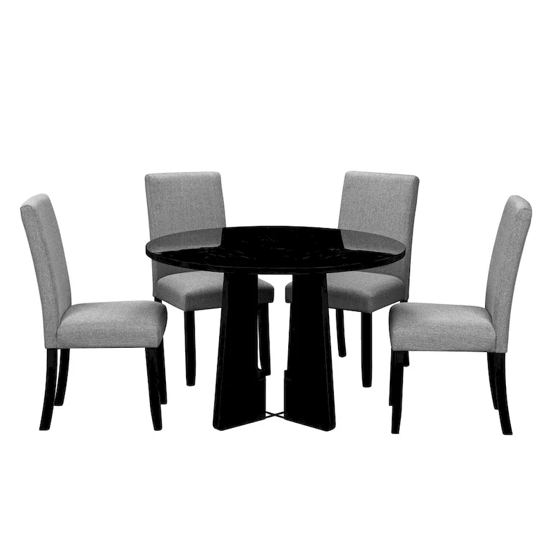 5 Pcs Wood Kitchen Table and Chair Set, 4 People Round Dining Table Set with Faux Marble Top and 4 Upholstered Chairs