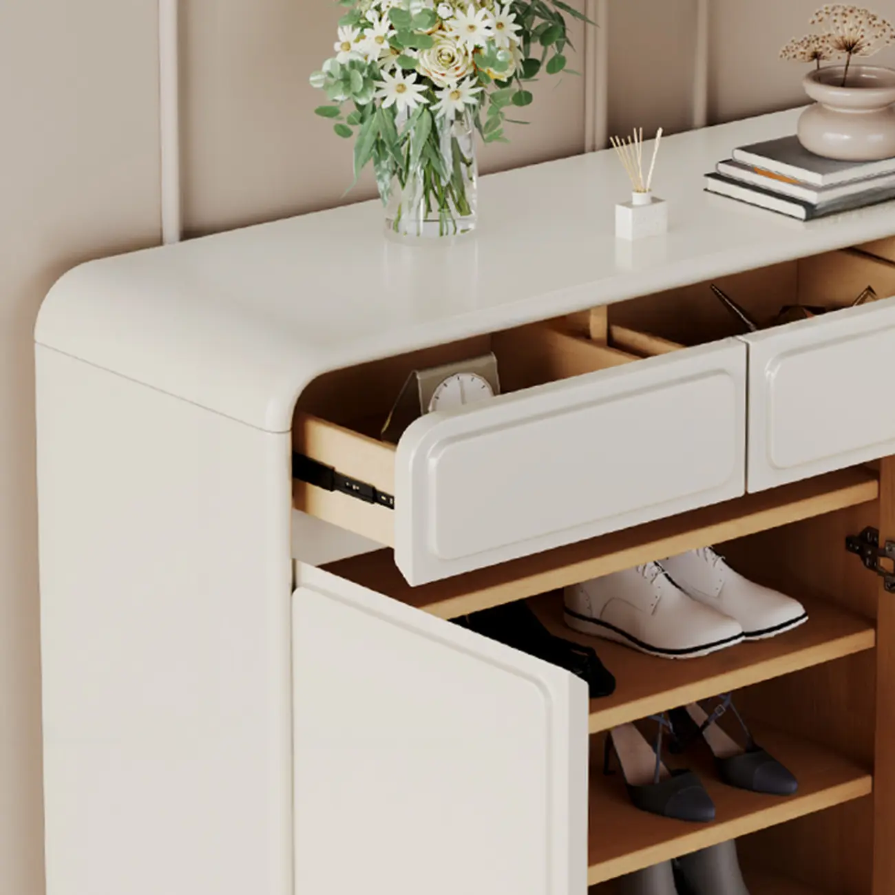 Entryway Solid Wood Shoe Cabinet in White