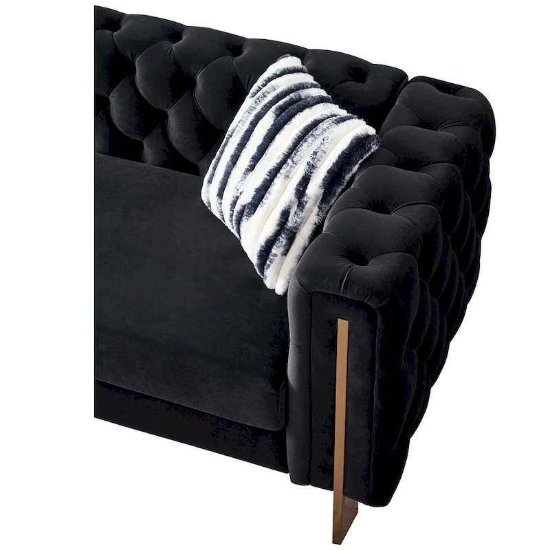 84.25 Luxurious Tufted Velvet Upholstered 3-Seater Sofa with Golden Metal Armrest Design and Buttoned Tufted Backrest