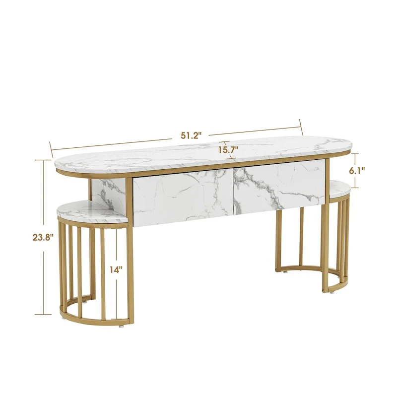 Ivinta White Sofa Table, Modern Faux Marble Top, Console Table with Gold Metal Frame