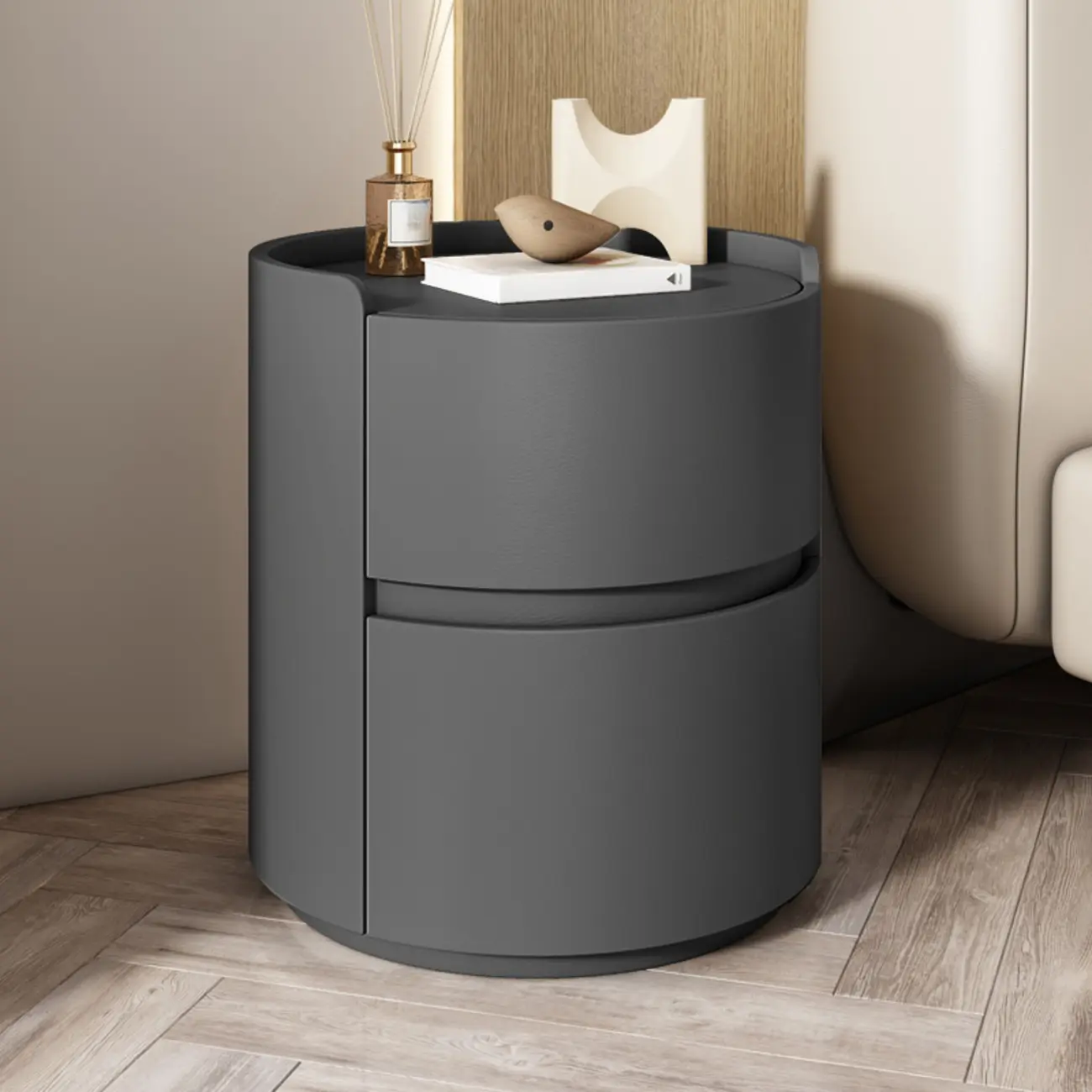 Modern Leather Tray Round 2-Drawer Nightstand