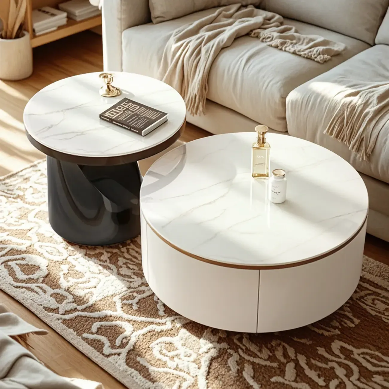 Elegant Indoor Round Nesting Coffee Table with 2 Drawers