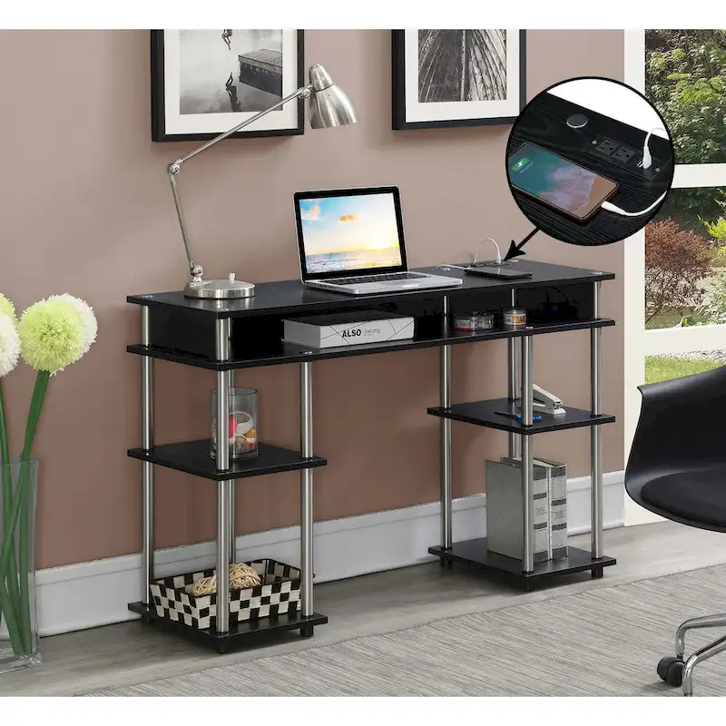 Convenience Concepts Designs2Go No Tools Student Desk with Charging Station and Shelves