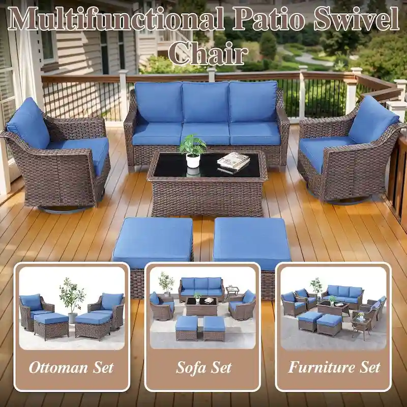 360 Rotating Wicker Patio Bistro Sets with Soft Cushion - Brown