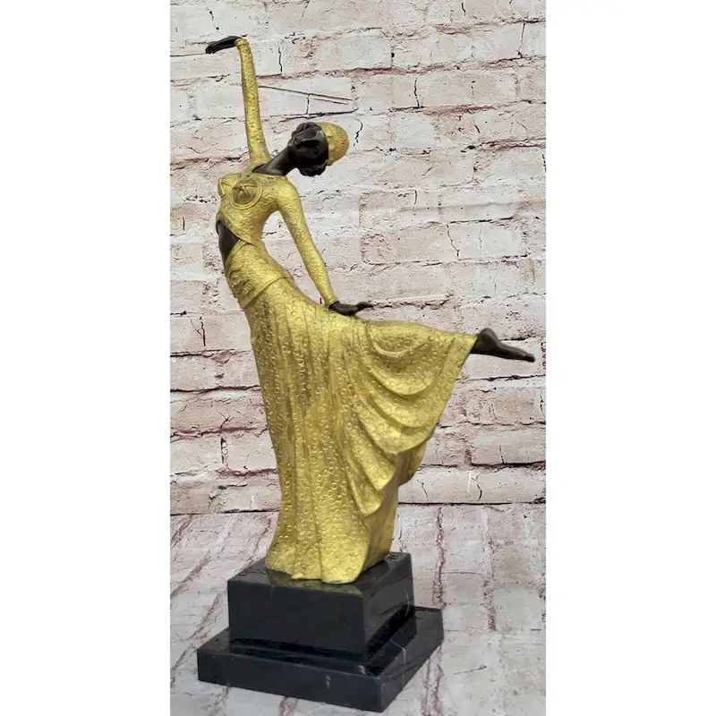 Chiparus Art Deco Bronze Dancer Girl In Long Dress W/ Gold Patina