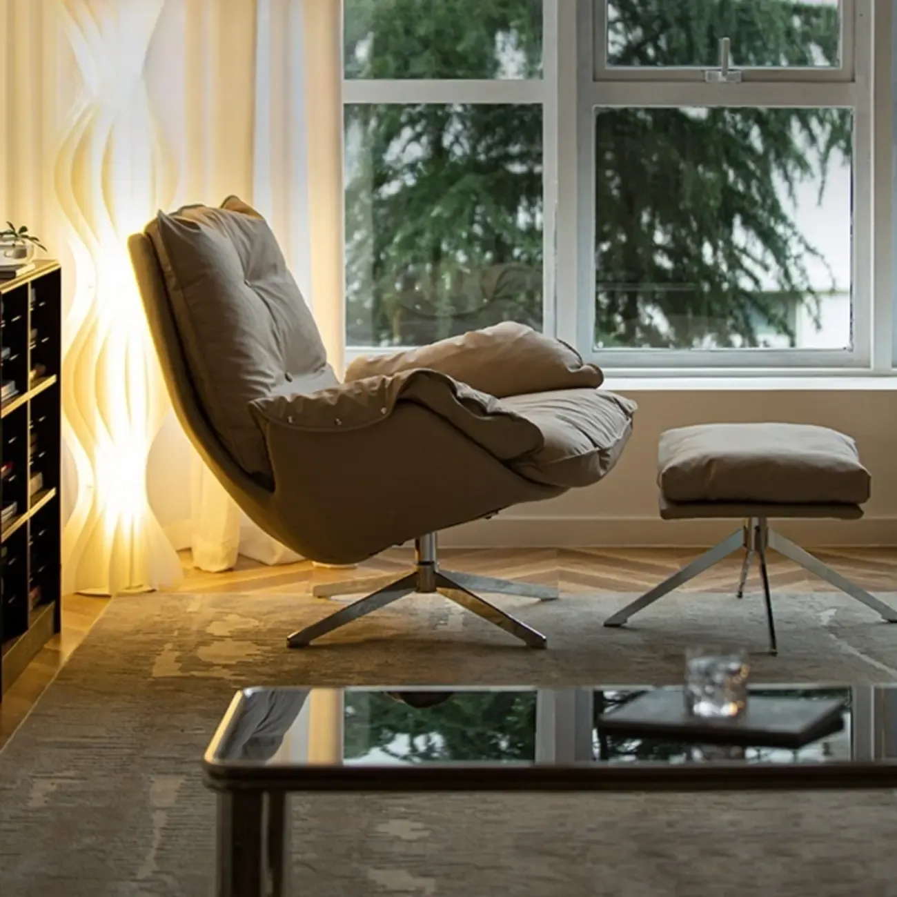 Modern Beige Leather Accent Armchair with Swivel