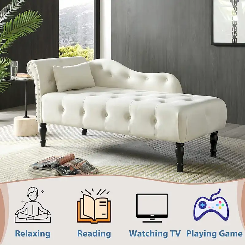 61 Velvet Chaise Lounge Chair with 1 Pillow and Nailhead Trimmed