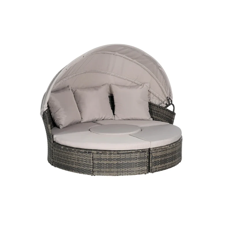 5-Piece Round Daybed Sunbed with Canopy & Removable Cushions