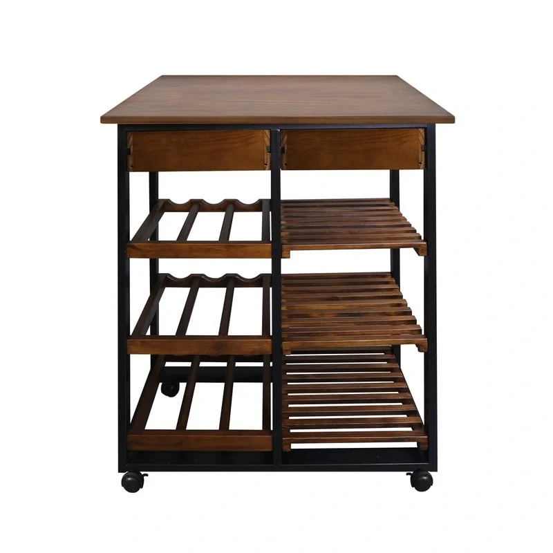 Solid Wood 4-Tier Rolling Kitchen Cart with Wine Rack and Drawer